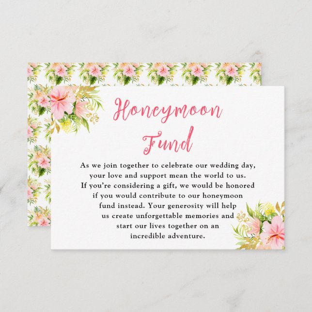 Cartão De Informações Tropical Jungle Floral Wedding Honeymoon Fund (Frente/Verso)