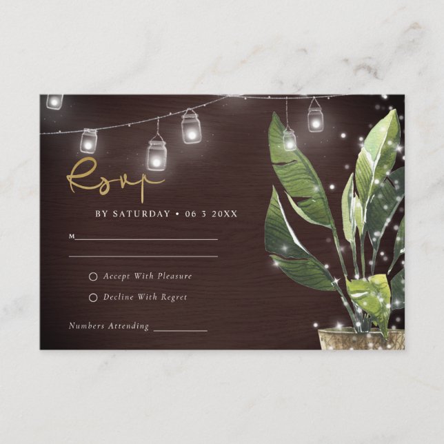 CARTÃO DE INFORMAÇÕES TROPICAL PALM STARRY NOITE MASON JAR WEDDING RSVP (Frente)