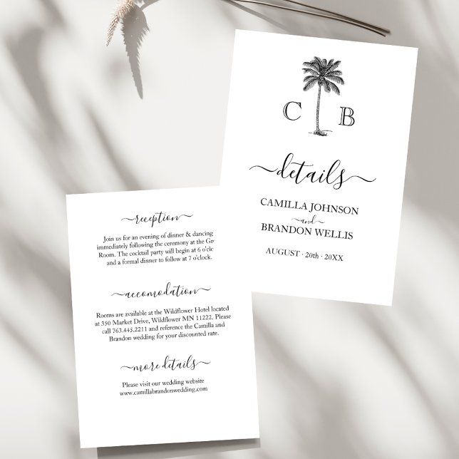 Cartão De Informações Tropical Simple Palm Monograms Wedding (Criador carregado)