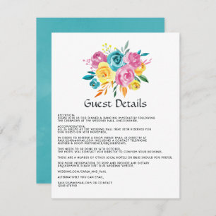 Cartão De Informações Turquesa, Amarelo e Rosa para Convidados Florais