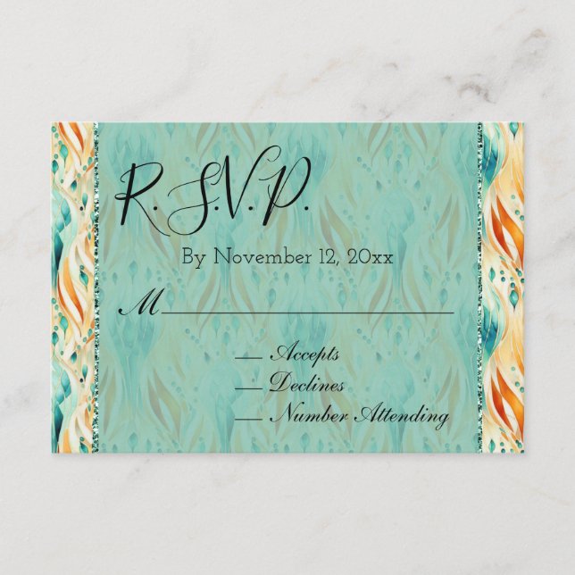 Cartão De Informações Turquoise Tangerine Abstract Jewel Weding RSVP (Frente)