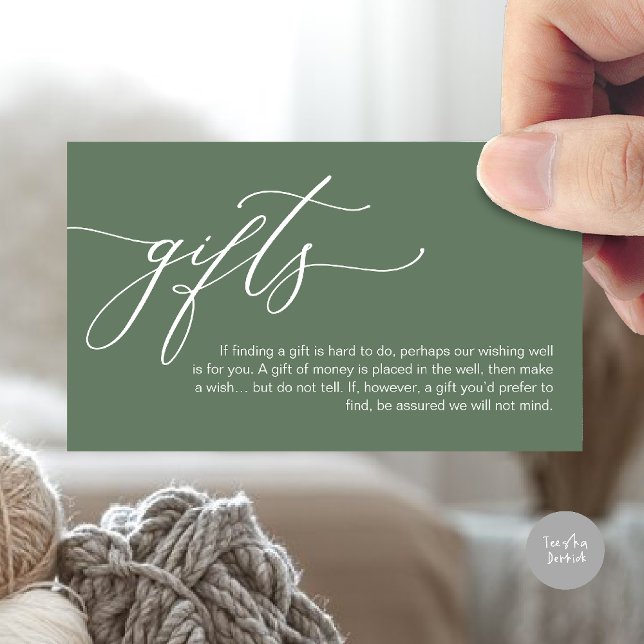 Cartão De Informações Uma nota sobre doações, dinheiro de lua de mel (A note on gifts, honeymoon wish fund cash wish enclosure card in forest sage green)