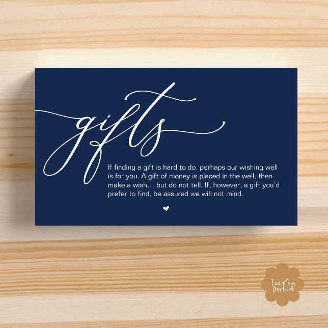 Cartão De Informações Uma nota sobre presentes, casamento romântico mode (A note on gifts, Modern Romantic Wedding Enclosure Card Cute Heart Honeymoon Cash Navy Blue)