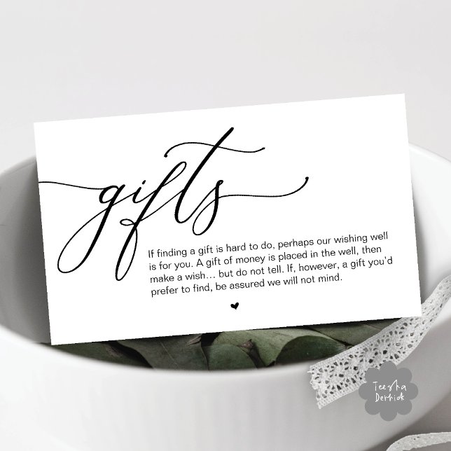 Cartão De Informações Uma nota sobre presentes, Casamento Romântico Mode (A note on gifts, Modern Romantic Wedding Enclosure Card Cute Heart Honeymoon Cash Black White)