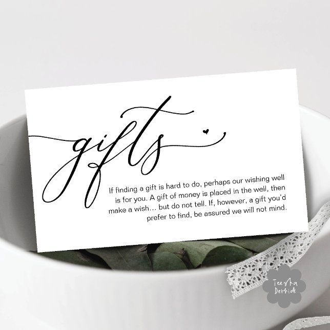 Cartão De Informações Uma nota sobre presentes, casamento romântico mode (A note on gifts, Modern Romantic Wedding Enclosure Card Cute Heart Honeymoon Cash Black White)
