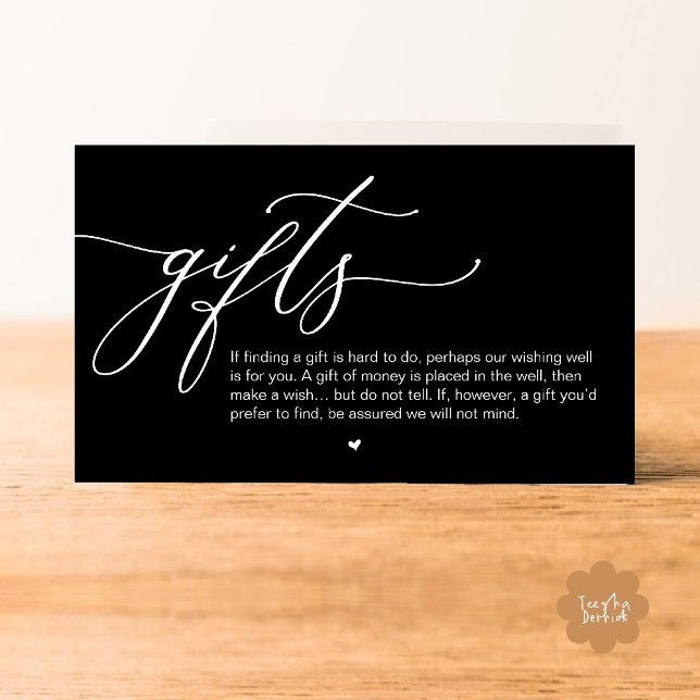 Cartão De Informações Uma nota sobre presentes, casamento romântico mode (A note on gifts, Modern Romantic Wedding Enclosure Card Cute Heart Honeymoon Cash Classy Black White)