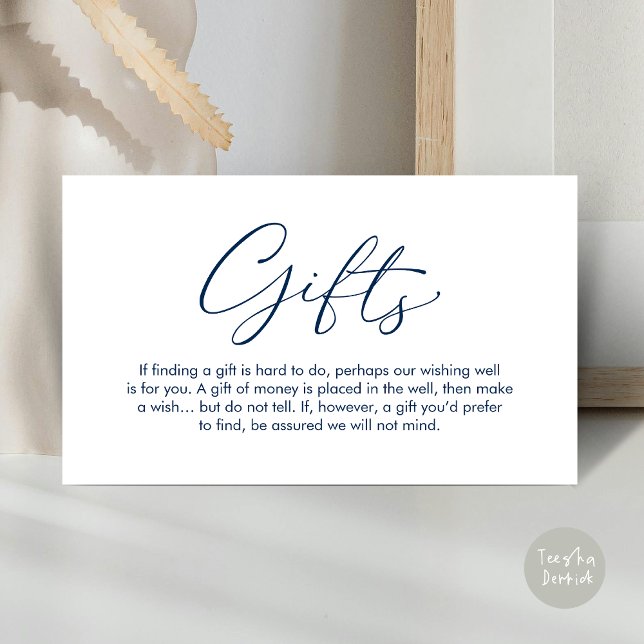 Cartão De Informações Uma nota sobre presentes, desejo de lua de mel do  (A note on gifts, wedding honeymoon wish, fund, enclosure card, modern romantic, Navy Blue)