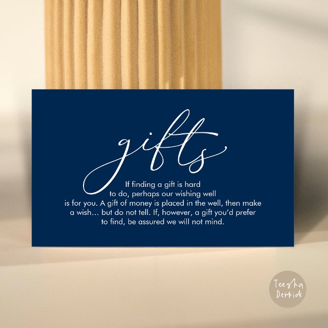 Cartão De Informações Uma nota sobre presentes, desejo de lua de mel do  (A note on gifts, wedding honeymoon wish, fund, enclosure card, modern romantic, Navy Blue)