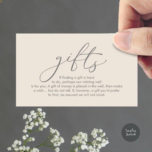 Cartão De Informações Uma nota sobre presentes, desejo de lua de mel do  (A note on gifts, wedding honeymoon wish, fund, enclosure card, modern romantic, cream grey)