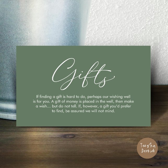 Cartão De Informações Uma nota sobre presentes, desejo de lua de mel do  (A note on gifts, wedding honeymoon wish, fund, enclosure card, modern romantic, Greenery Sage Green)