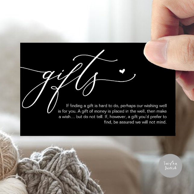 Cartão De Informações Uma nota sobre presentes, Fundo de Lua de Mel, Des (A note on gifts, honeymoon wish fund cash wish enclosure card in classy black white)