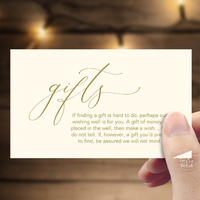 Cartão De Informações Uma Nota Sobre Presentes, Poço de Desejos para Lua (Honeymoon Fund Wishing Well, Wish, A Note On Gifts Enclosure Card in Yellow Gold)