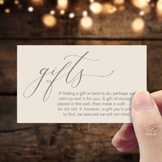 Cartão De Informações Uma Nota Sobre Presentes, Poço de Desejos para Lua (Honeymoon Fund Wishing Well, Wish, A Note On Gifts Enclosure Card in Cream Grey)