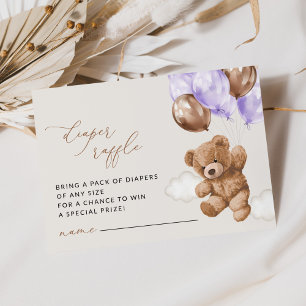 Cartão De Informações Urso de Teddy, Balões Roxos, Raffle Fralda