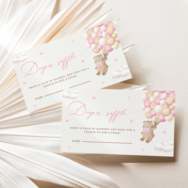 Cartão De Informações Urso de Teddy com Balões Rosa Fralda Raffle (Criador carregado)