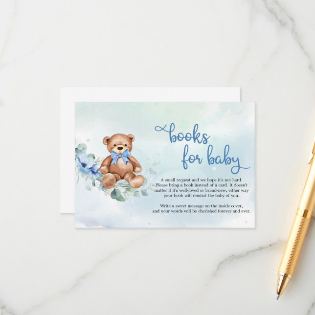 Cartão De Informações Urso de Teddy e Livros Florais Azuis para Bebê (Frente/Verso In Situ)