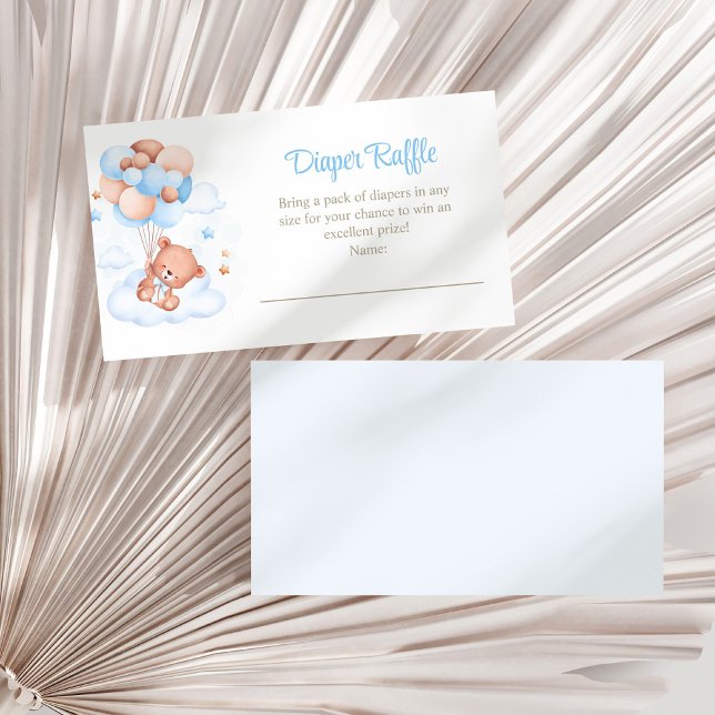 Cartão De Informações Urso de Teddy na Placa de Gabinete Raffle da Frald (Teddy Bear in the Sky Diaper Raffle Enclosure Card on a white dry palm leaf.)