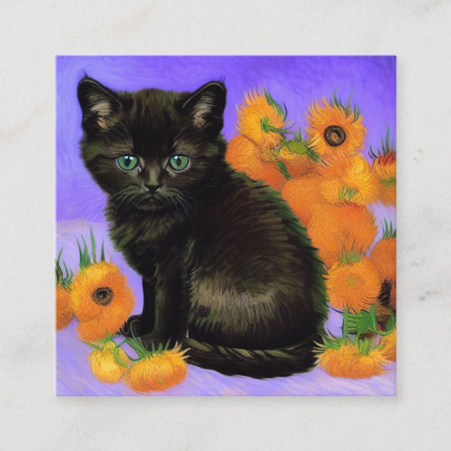 Cartão De Informações Van Gogh Black Kitten com Girassóis (Frente)