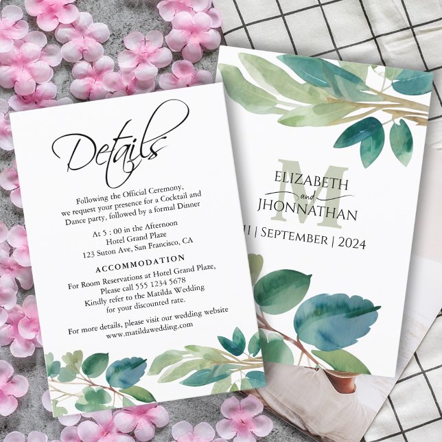 Cartão De Informações Verde Eucalyptus Watercolor Detalhes Monograma (Criador carregado)