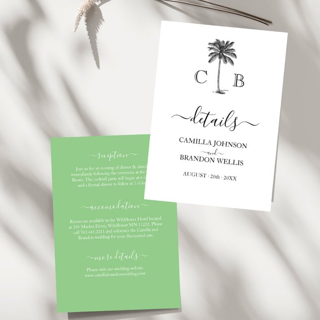 Cartão De Informações Verde limão Tropical Palm Monogramas Casamento (Criador carregado)