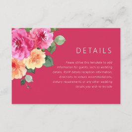 Cartão De Informações Vibrant Pink Watercolor Floral Wedding Details