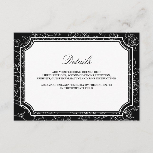 Cartão De Informações Victorian Black Line Art Wedding Details (Frente)