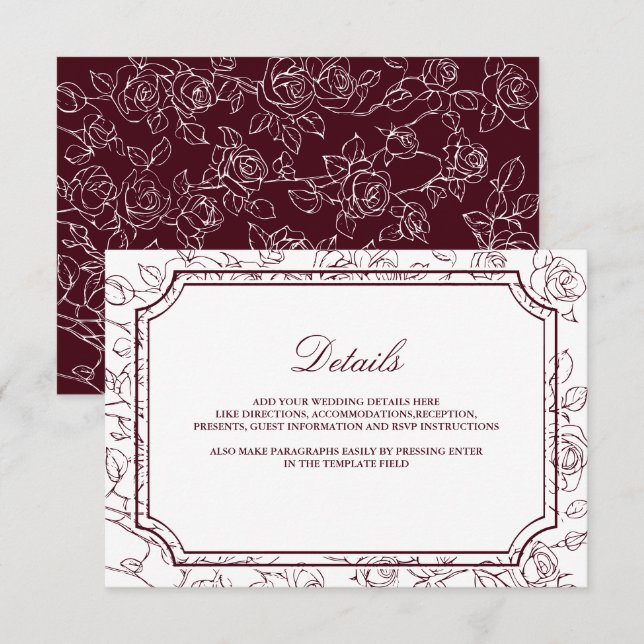 Cartão De Informações Victorian Burgundy Floral Line Art Wedding Details (Frente/Verso)