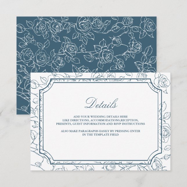 Cartão De Informações Victorian Dusty Blue Line Art Wedding Details (Frente/Verso)