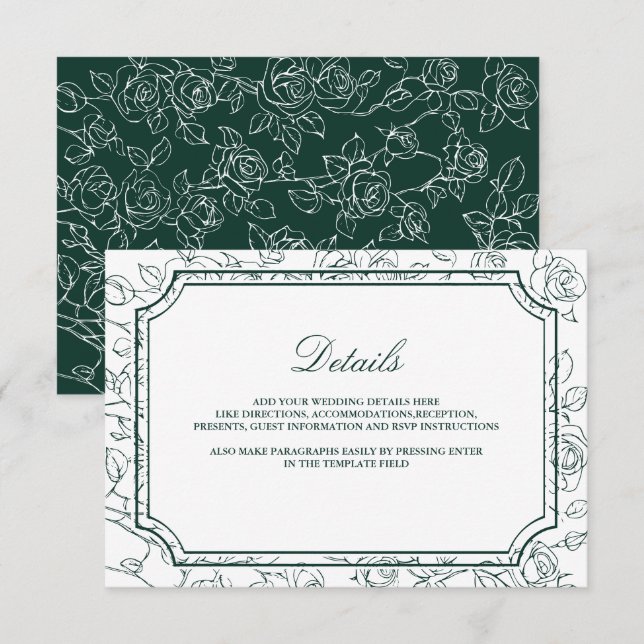 Cartão De Informações Victorian Emerald Green Line Art Wedding Details (Frente/Verso)