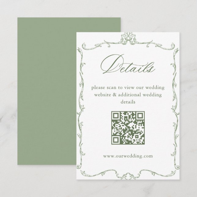 Cartão De Informações Victorian Sage Green Wedding Details QR code (Frente/Verso)