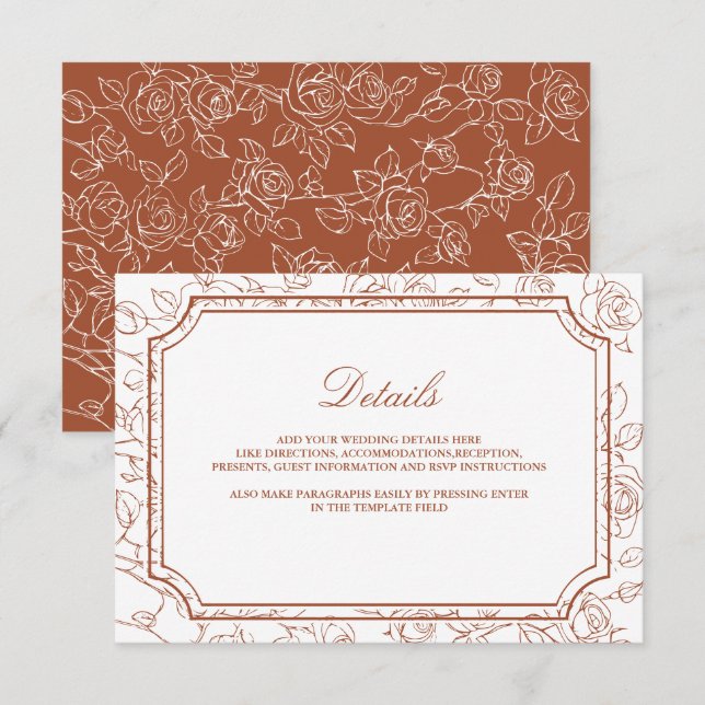 Cartão De Informações Victorian Terracotta Line Art Wedding Details (Frente/Verso)