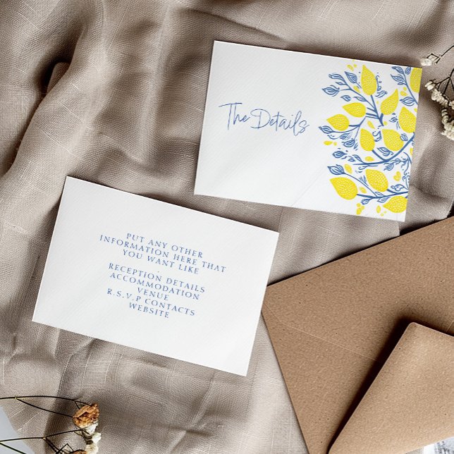 Cartão De Informações Vinhas de limão azuis e amarelas (Refreshing Blue and Yellow Lemon Vines "The Details" Wedding Enclosure Card.)