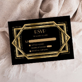 Cartão De Informações Vintage 1920 Deco Black Dourada Weding RSVP
