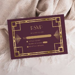 Cartão De Informações Vintage 1920 Deco Burgundy Dourado Wedding RSVP