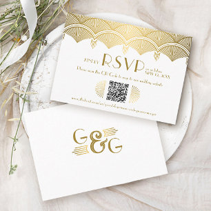 Cartão De Informações Vintage Art Deco Dourado Casamento QR Code RSVP