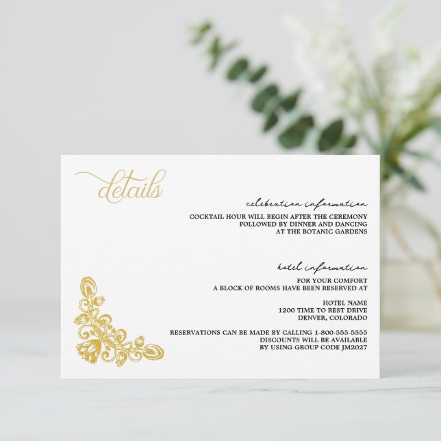 Cartão De Informações Vintage Dourada (Em pé/Frente)