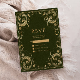 Cartão De Informações Vintage Frame Olive Dourado Casamento Verde RSVP