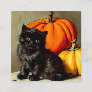 Cartão De Informações Vintage Halloween Black Cat e Pumpkins