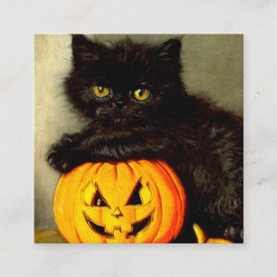 Cartão De Informações Vintage Halloween Cat e Jack-o'-lantern