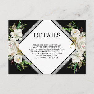 Cartão De Informações Vintage Watercolor Black White Floral DETALHES