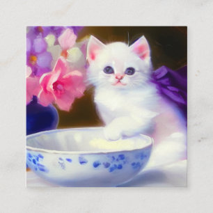 Cartão De Informações Vintage White Kitten com Fita Roxa