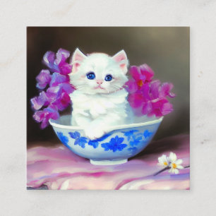 Cartão De Informações Vintage White Kitten com Flores Rosa