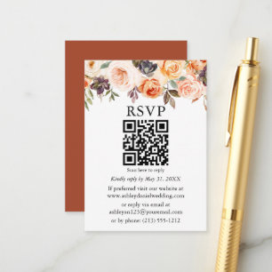 Cartão De Informações Watercolor Autumn Floral Terracotta QR RSVP