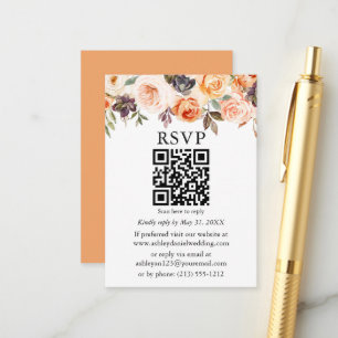 Cartão De Informações Watercolor Autumn Floral Weding Peach QR RSVP