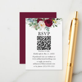 Cartão De Informações Watercolor Burgundy Floral Greenery QR RSVP
