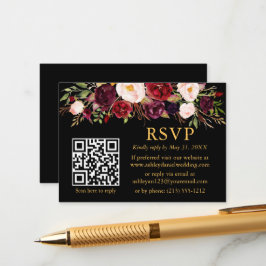 Cartão De Informações Watercolor Burgundy Floral QR Casamento RSVP Preto
