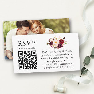 Cartão De Informações Watercolor Burgundy Foto Floral Casamento QR RSVP