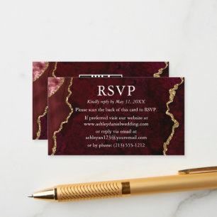 Cartão De Informações Watercolor Burgundy Marble Weding RSVP QR Back