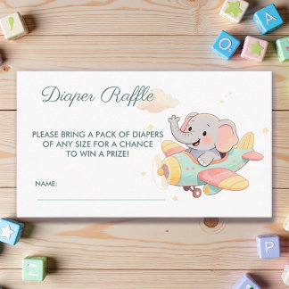 Cartão De Informações Watercolor Elephant Airplane Diaper Raffle Card