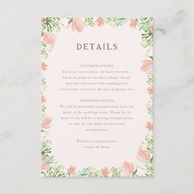 Cartão De Informações Watercolor Floral Rustic WedInsert (Frente)